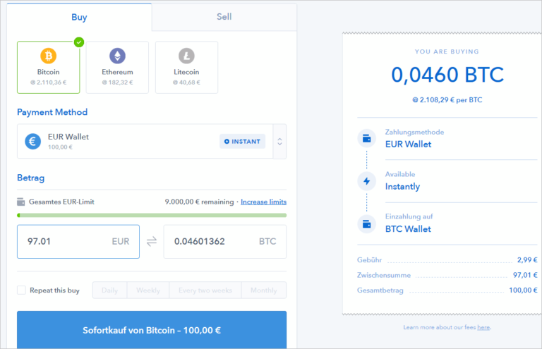 coinbase buy bitcoin with euro wallet